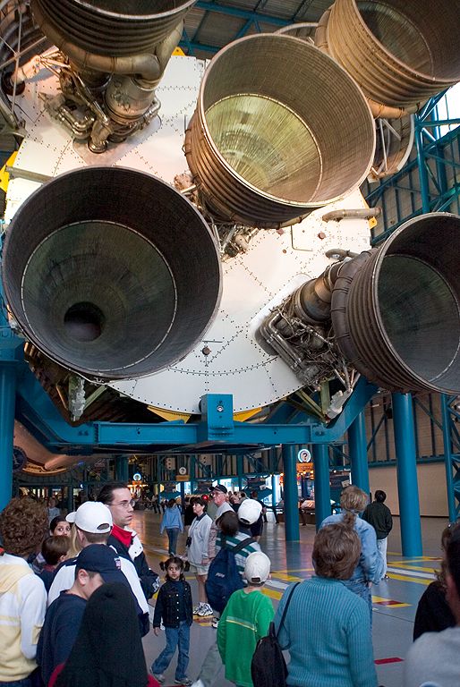 The first stage of a Saturn V rocket dwarfs onlookers. Dec. 27, 2002.  Click for next photo.