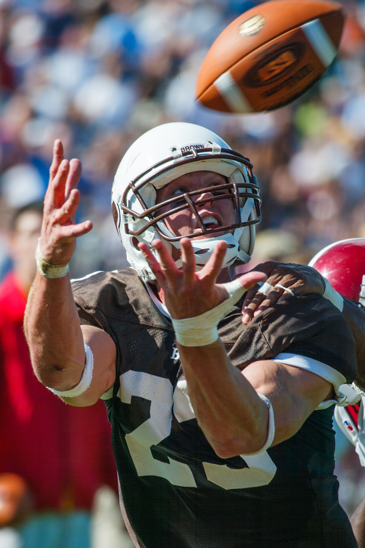 Brown University's Chas Gessner catches a long touchdown pass in stride.  Click for next photo.