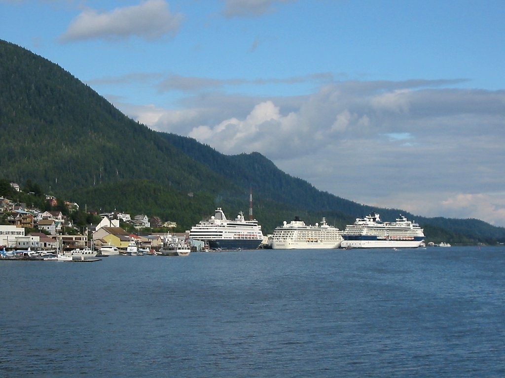 Cruise ships are by far the tallest buildings in downtown Ketchikan, Alaska.  Click for next photo.