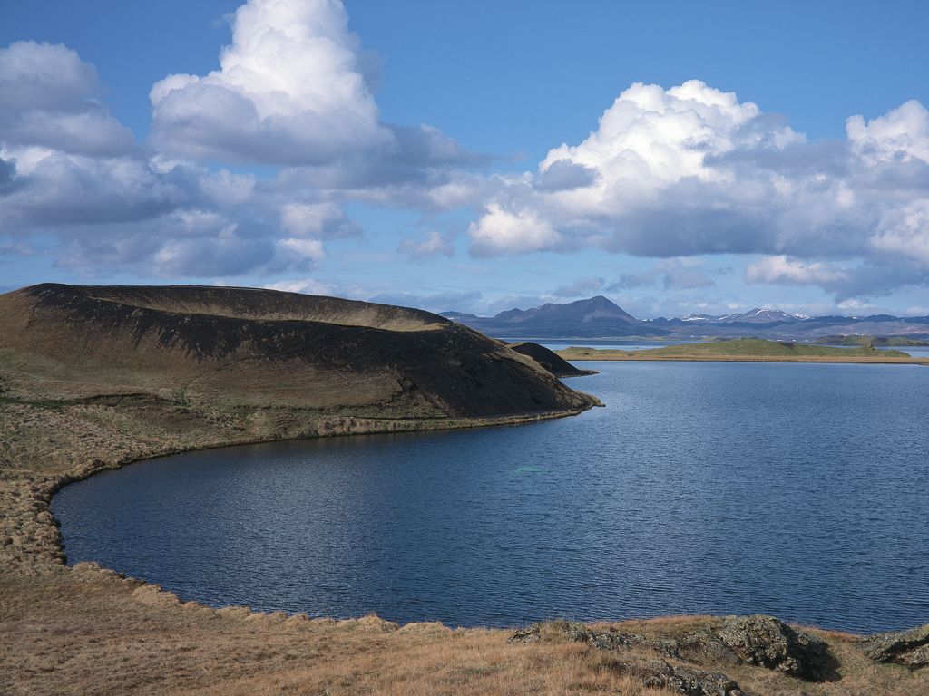 Lake Myvatn with its distinctive craters.  Click for next photo.