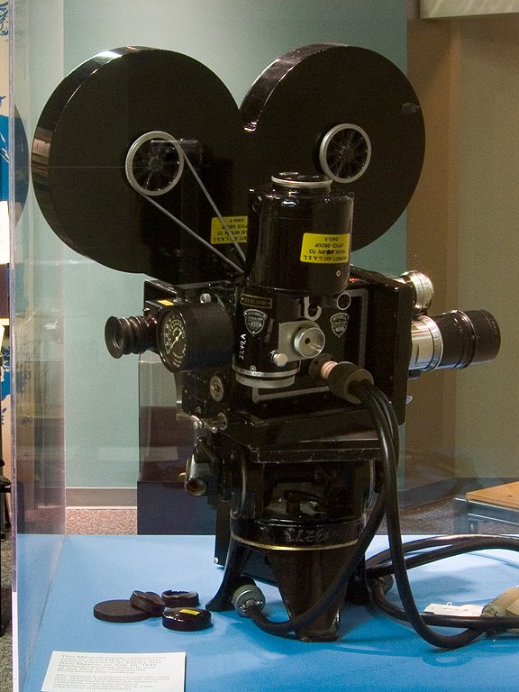One of the movie cameras used to record Trinity, the first atomic bomb explosion, 1945.  On display at Bradbury Science Museum, Los Alamos, New Mexico.  Click for next photo.