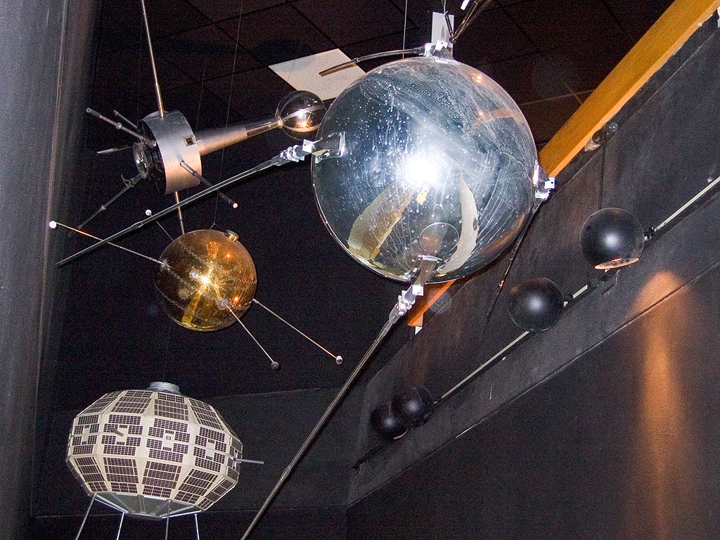 Sputnik, first satellite launched, 1957.  Replica made by original builders, on display at New Mexico Museum of Space History, Alamagordo.  Click for next photo.