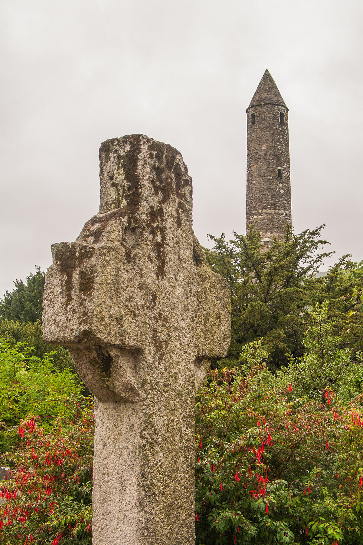 High cross and round tower, Glendalough, Ireland.  Click for next photo.