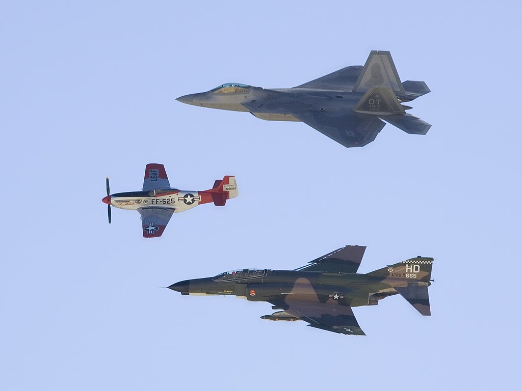 Heritage Flight, Aviation Nation in Las Vegas, 2005.  F-22 Raptor, P-51 Mustang, F-4 Phantom.  Click for next photo.