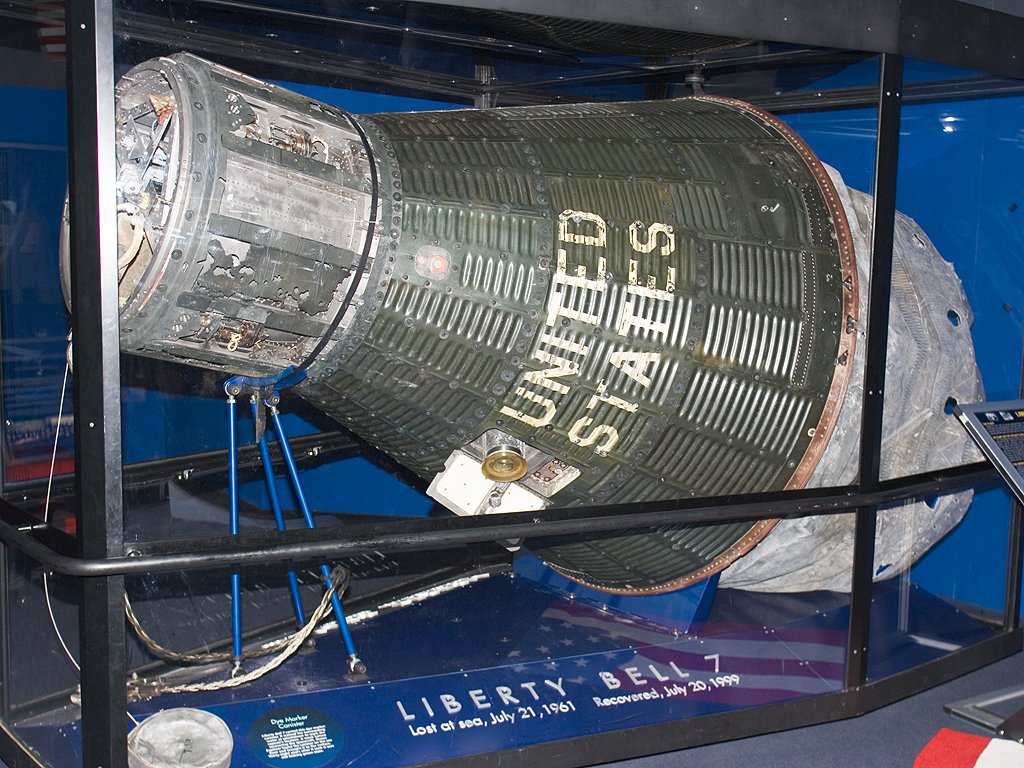 The Liberty Bell 7 Mercury capsule was on a national tour when I visited the Kansas Cosmosphere in 2005, bit it was there when I stopped again in 2007 and got this image.  I was back at the Cosmosphere in 2018, but once again the capsule was touring.  As of 2020, Liberty Bell 7 is again on display at the Cosmosphere, which owns it.  Click for next photo.