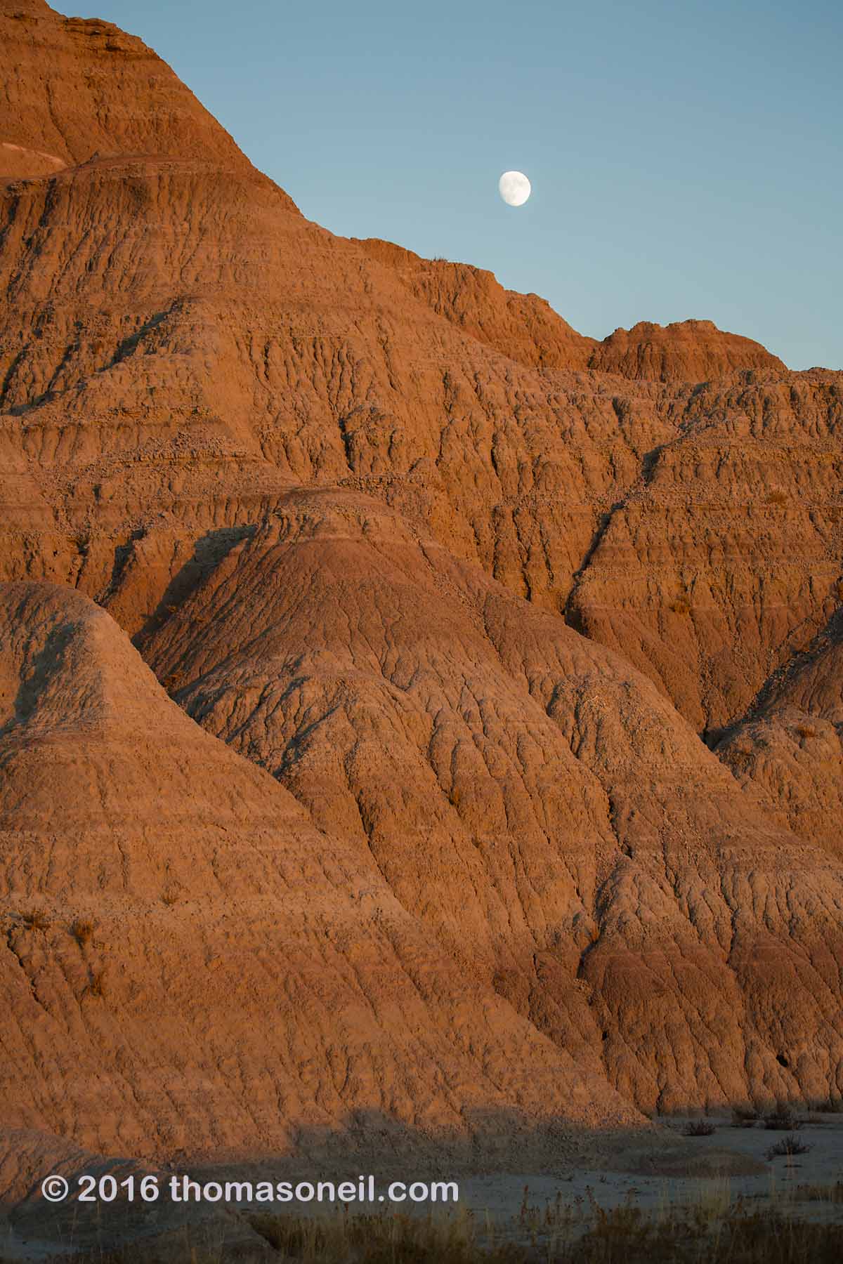 The last rays of the setting sun light the Badlands as the almost-full moon rises, 2016.  Click for next photo.
