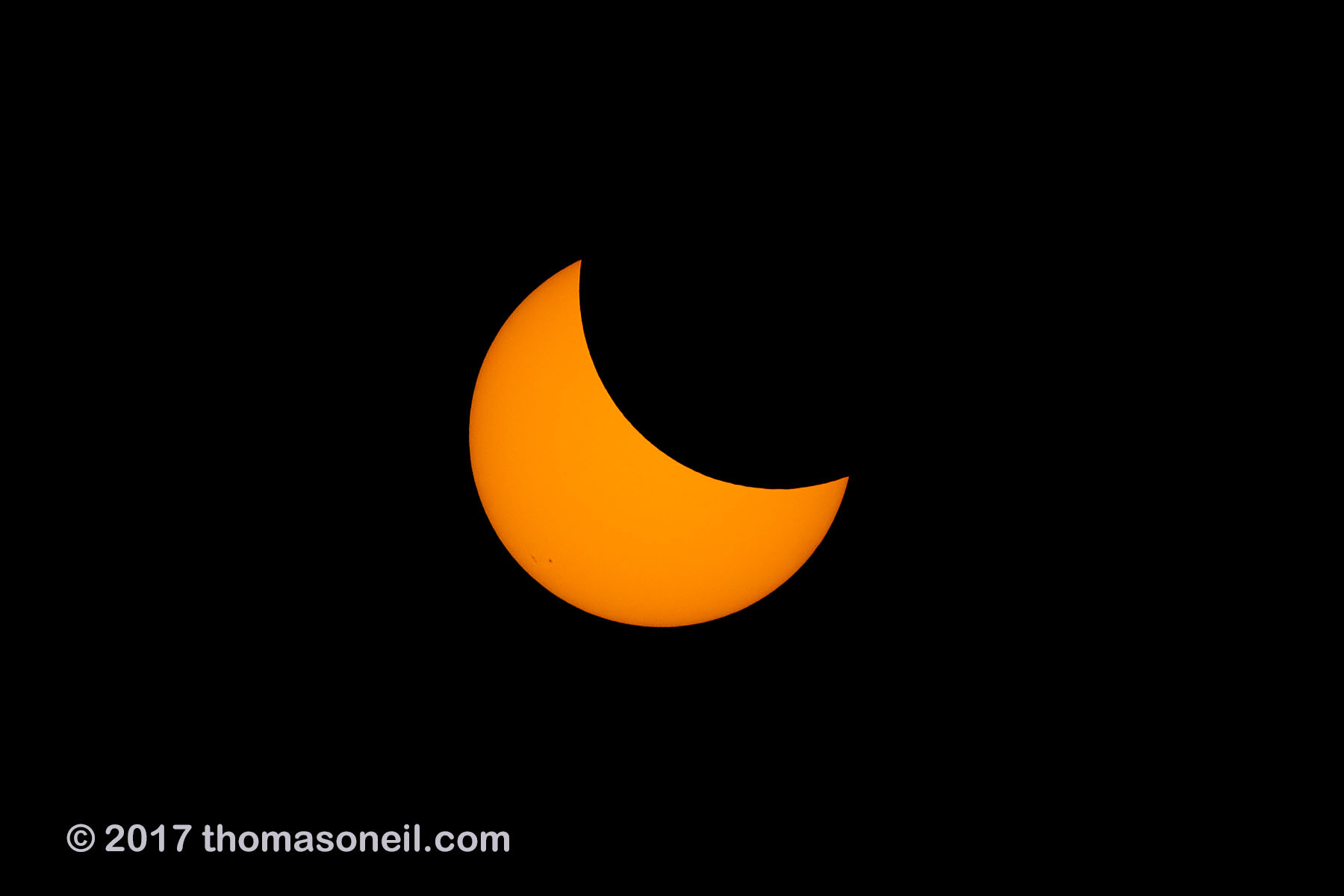 Solar eclipse, Aug. 21, 2017, the Moon is starting to cover a line of sunspots.  Click for next photo.