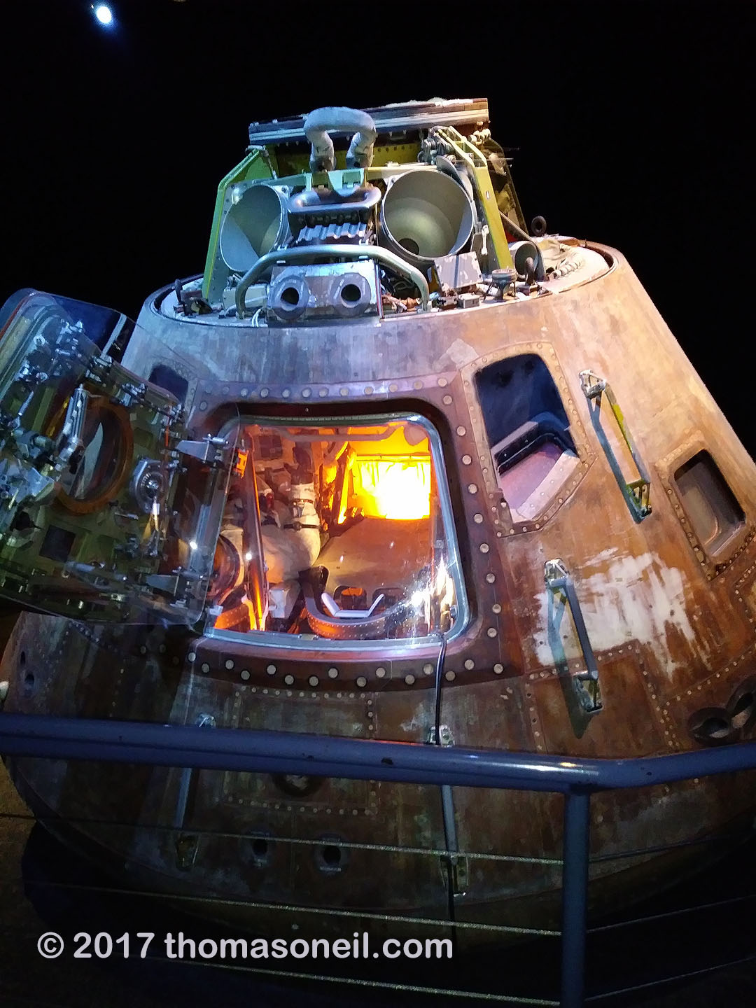 Apollo 17 command module America piloted by Ronald Evans, Johnson Space Center, Houston, July 2017.  Apollo 17 was the last moon mission in 1972, making Harrison Schmitt and Gene Cernan the last men on the moon.  I thought we would be on Mars by the turn of the century, but American leaders had more mundane ambitions after Apollo.  Click for next photo.