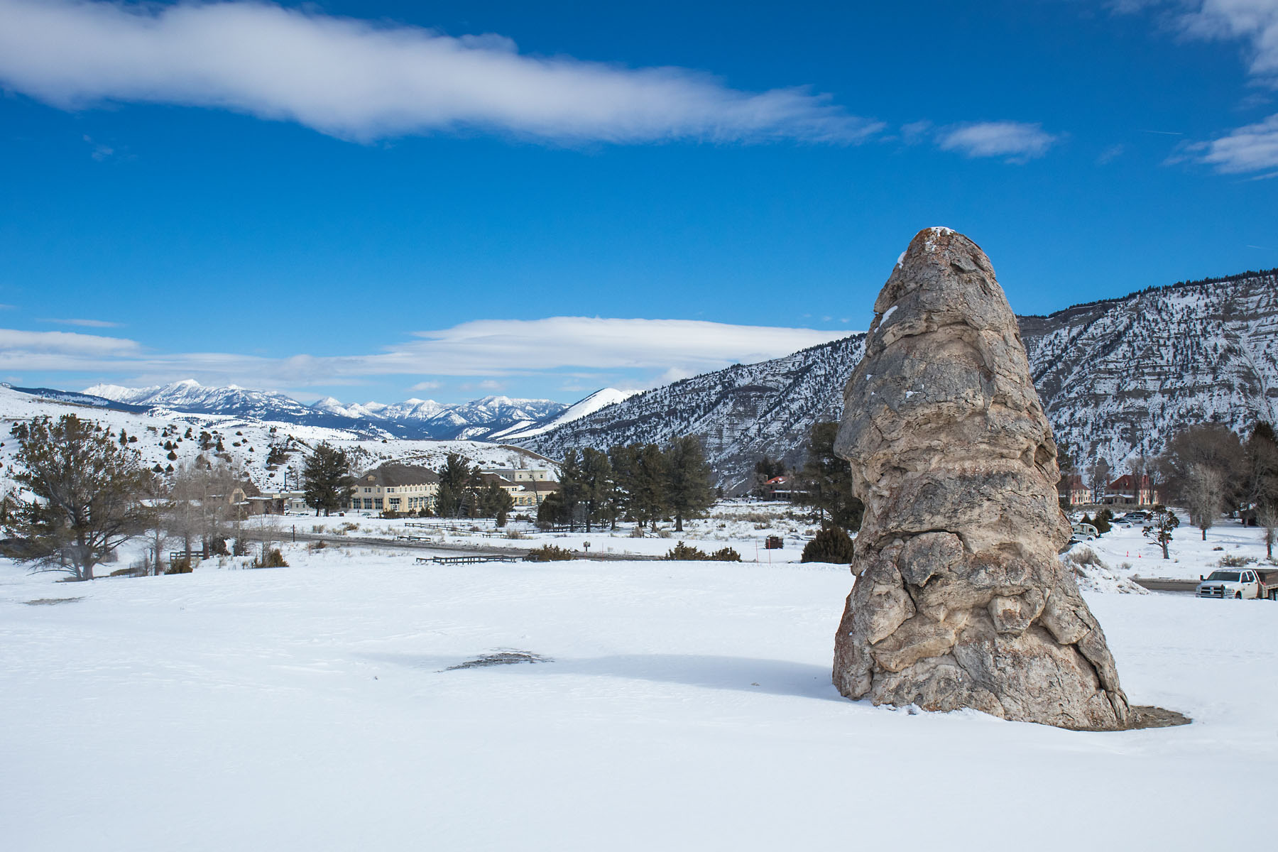 Mammoth Hot Springs Liberty Cap, Yellowstone, March 2021.  Click for next photo.
