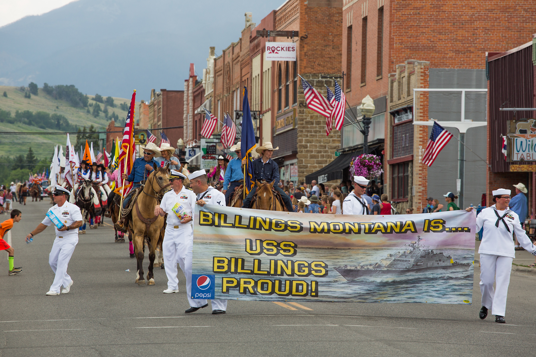 4th of July rodeo parade, Red Lodge, MT, 2021.  Sailors from the USS Billings.  Click for next photo.