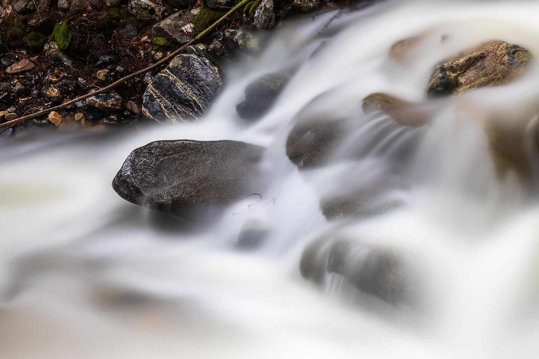 Snow Creek in the national forest,.  Stacked ND and polarizer filters, exposure 30 seconds.  Click for next photo.