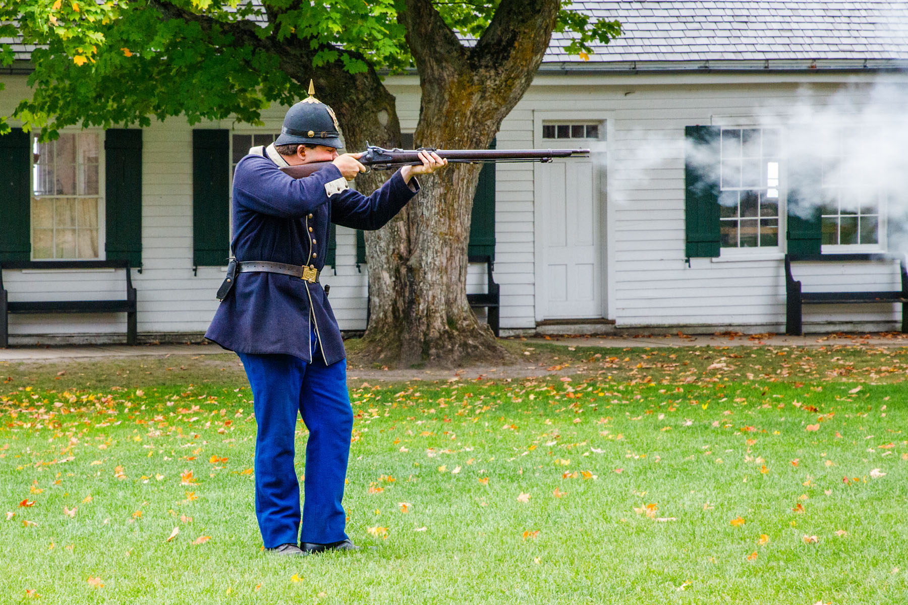Rifle demonstration, 1884 Springfield .45-70, Fort Mackinac, Michigan.  Click for next photo.