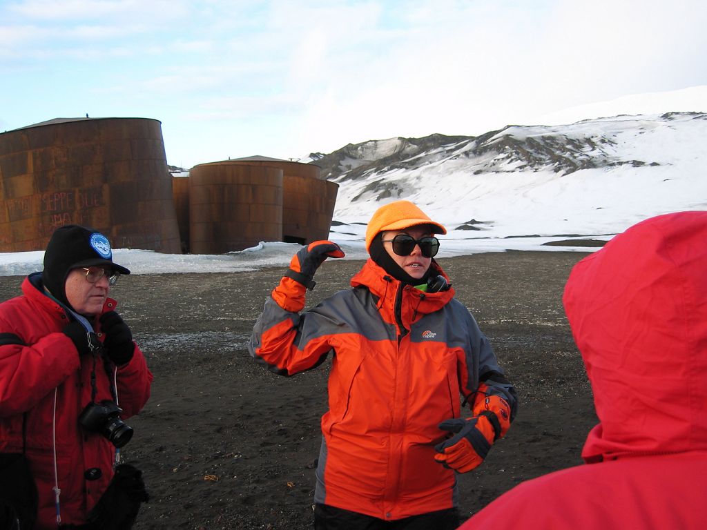 Naturalist Dorinda Dallmeyer explains the history of the whaling station on Deception Island, Dec. 5.  Click for next photo.