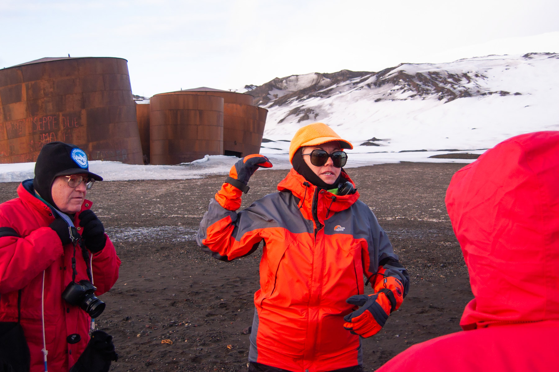 Naturalist Dorinda Dallmeyer explains the history of the whaling station on Deception Island.  Click for next photo.