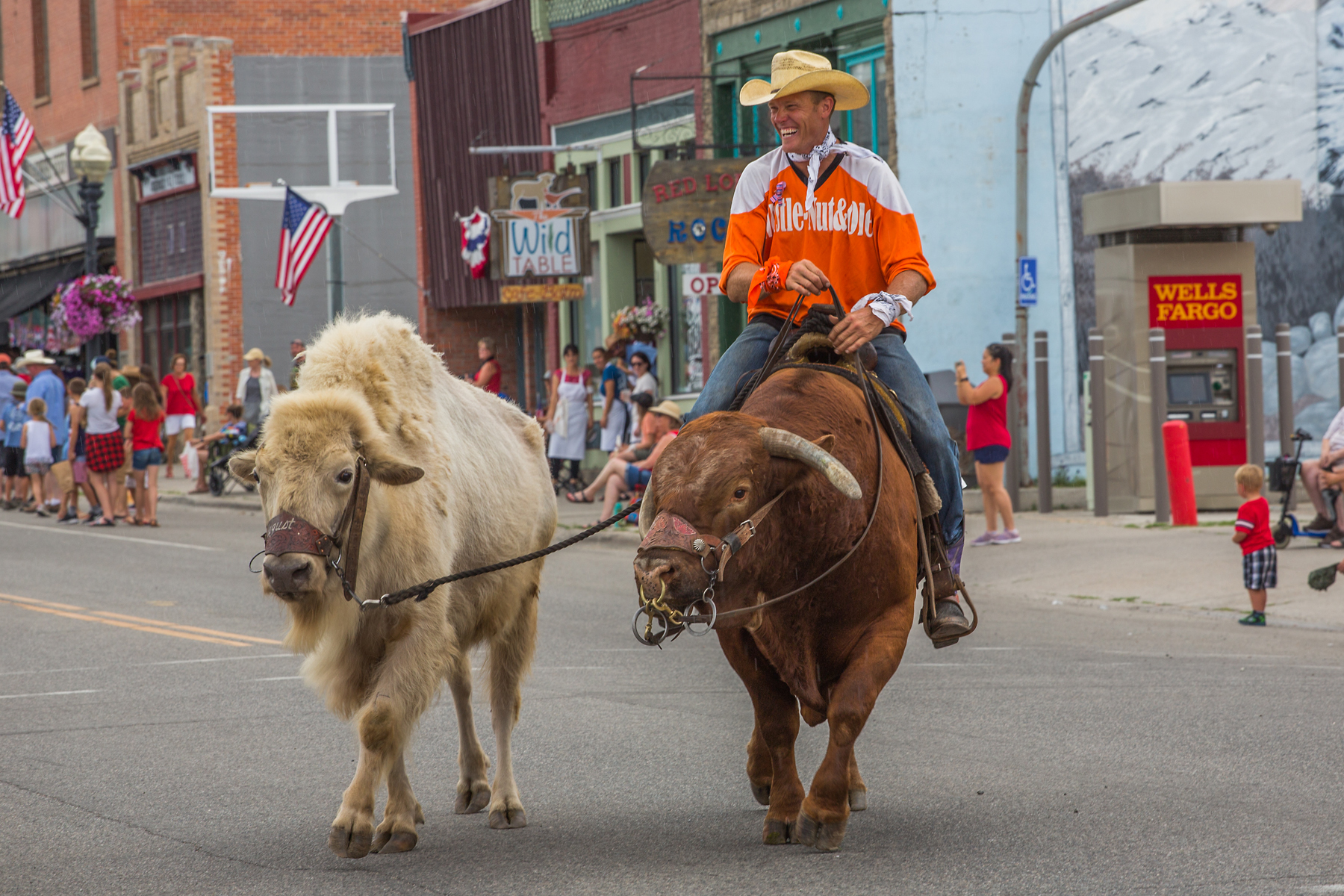 4th of July rodeo parade, Red Lodge, MT.  Rodeo clown with white bison.  Click for next photo.