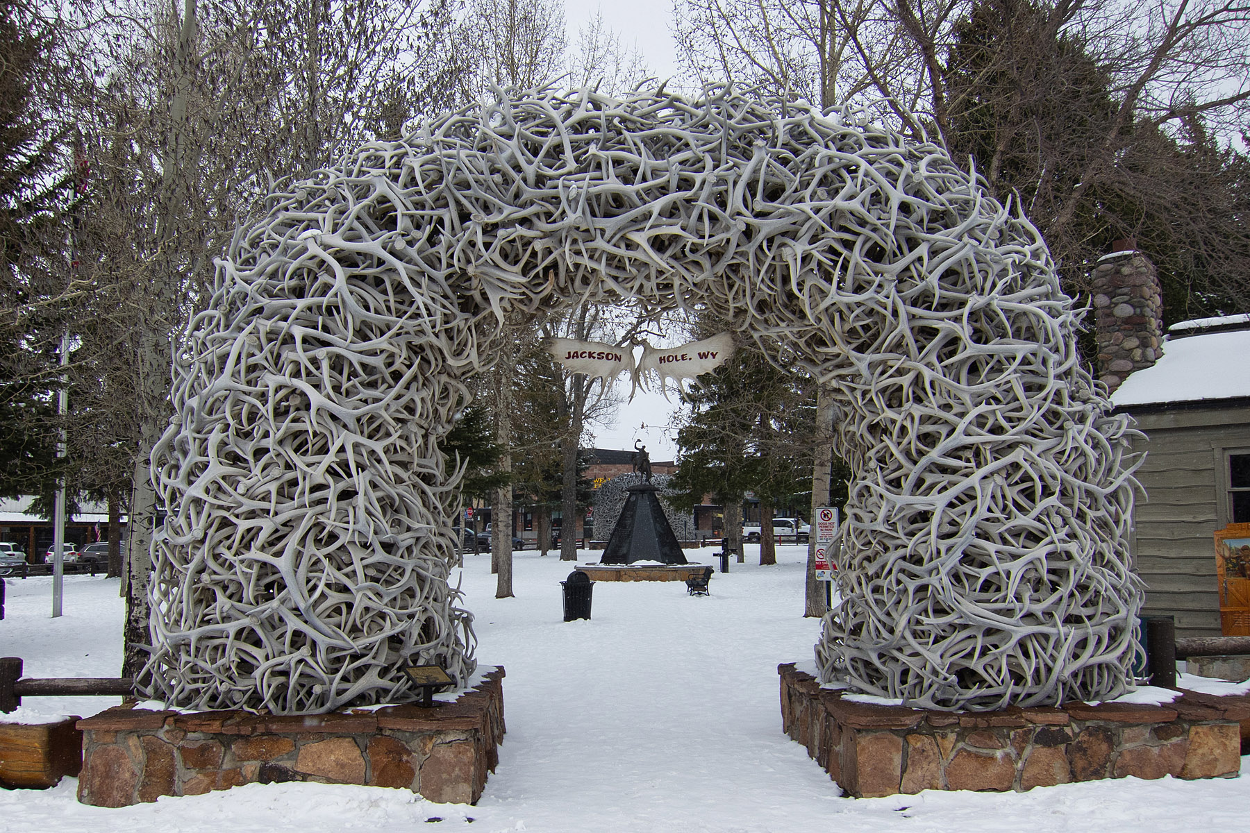 Elk antlers gathered by Boy Scouts from the nearby elk refuge form an arch in downtown Jackson, Wyoming.  Click for next photo.