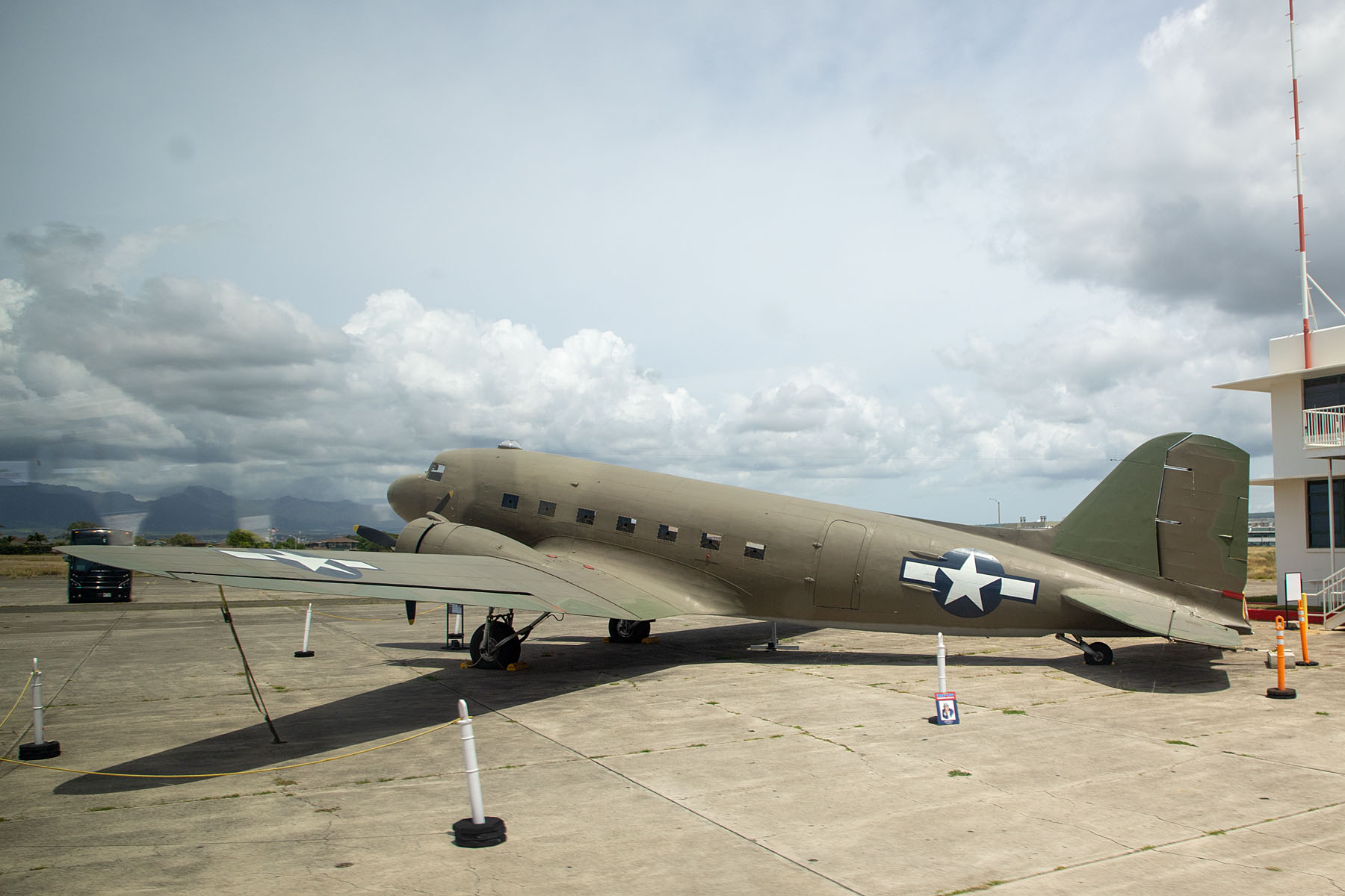 We didnt stop at the Pearl Harbor Aviation Museum, but I got this shot of a DC-3 through the bus window as we went by.  Not a great shot with some reflections on the left but it is the only DC-3 in my photo gallery.  April 2023.  Click for next photo.