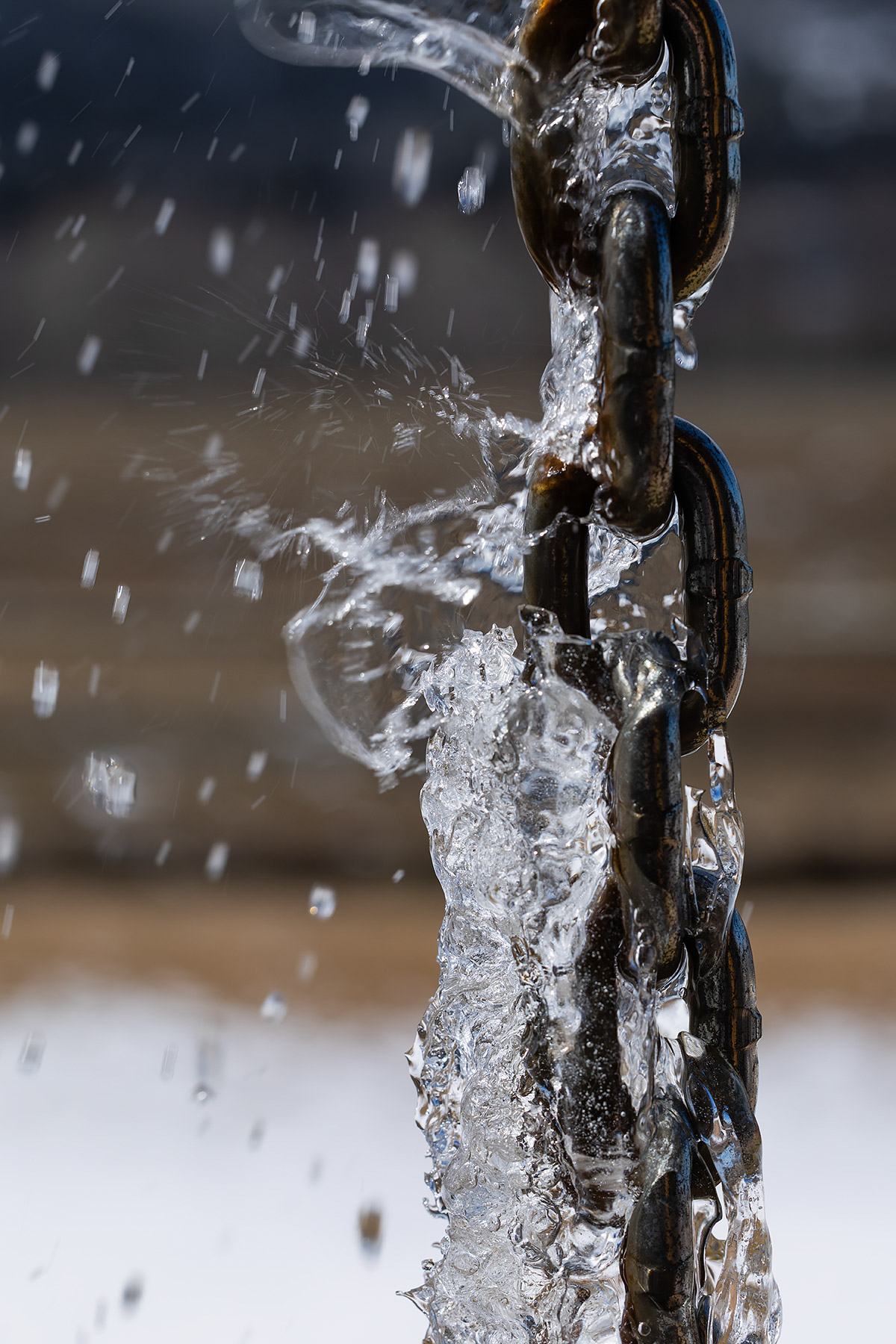 Rain chain breaking free of the ice.  Click for next photo.